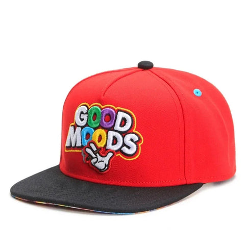 Red and black cap with 'Good Moods' text on a white background
