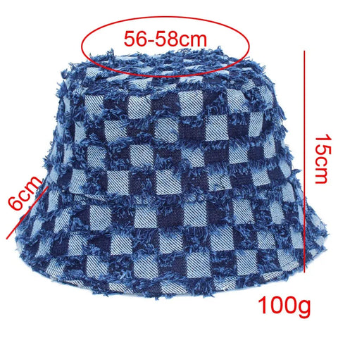 MOKATI Chapeau bob unisexe rétro à carreaux et pompon en denim