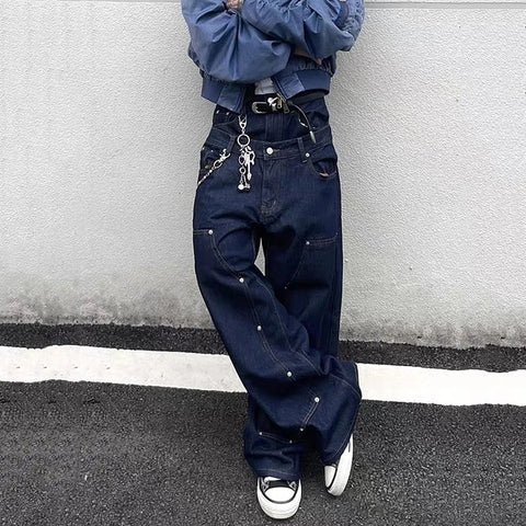 FEWQ Rivets Double Waistband Wide Leg Straight Jeans