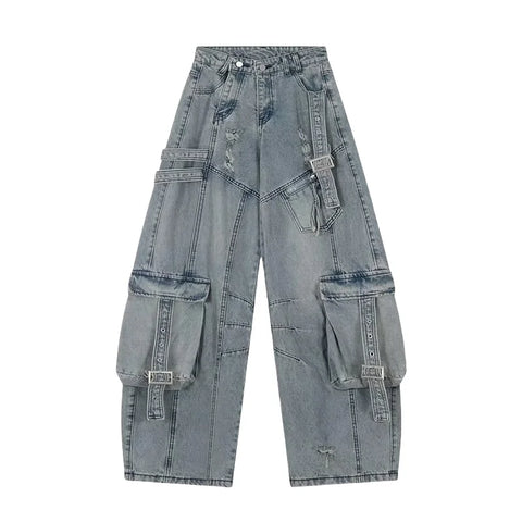 Washed Blue Distressed Wide Leg Cargo Jeans