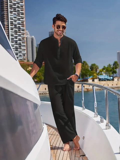 Ensemble deux pièces décontracté à manches longues, chemise à col en V et pantalon à cordon de serrage