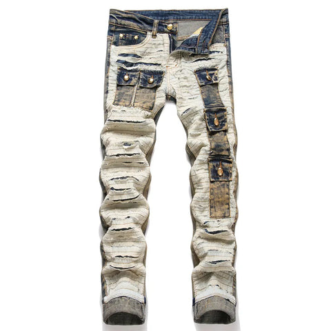 Men's Multi-Pocket Ripped Mid-Waist Slim Stretch Denims
