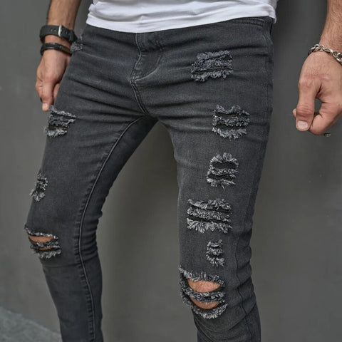 Men's Ripped Pencil Fit Stretch Jeans
