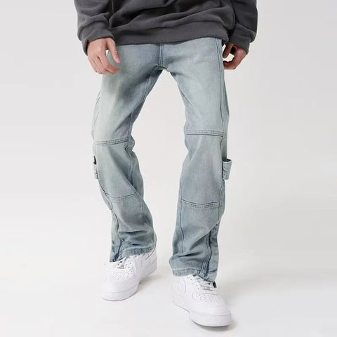 NOUVEAU Jean droit bleu délavé avec fermeture éclair à la cheville pour hommes