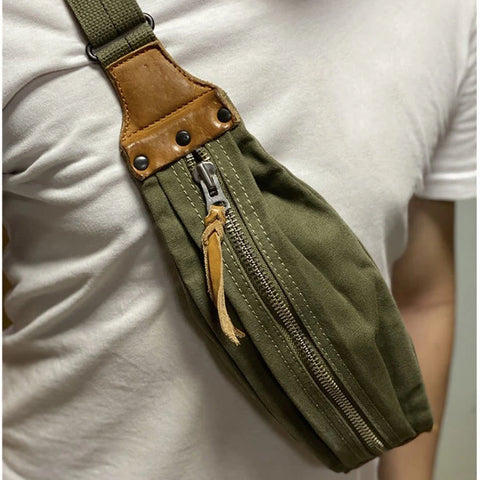 Genuine Leather & Canvas Chest Bag
