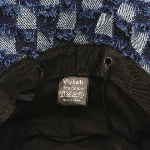 MOKATI Chapeau bob unisexe rétro à carreaux et pompon en denim