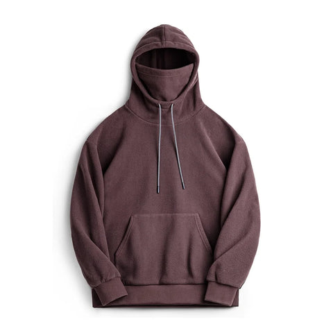 Maroon hoodie with a face covering on a white background