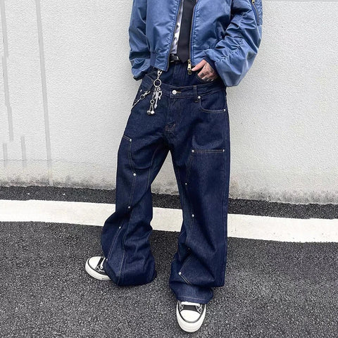 FEWQ Rivets Double Waistband Wide Leg Straight Jeans