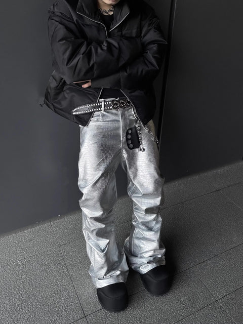 MACARDI Wide Boot Leg Crocodile Print Pu Leather Pants