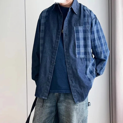 Manteau chemise à manches longues en patchwork à carreaux et en denim