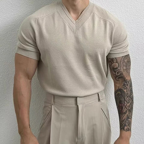 Knit V Neck Short-Sleeved T-Shirt