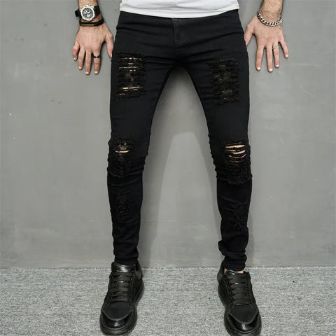 Men's Ripped Black Pencil Jeans
