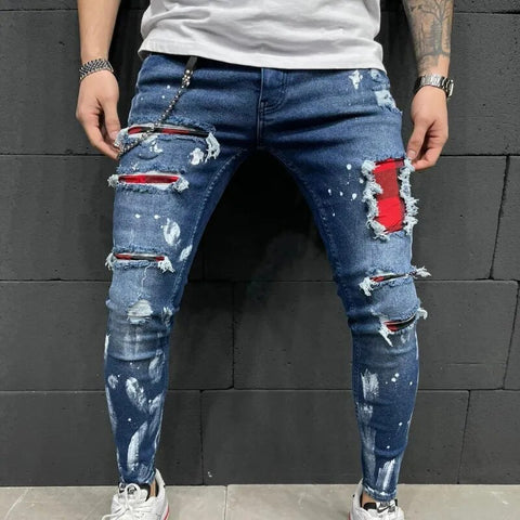 Men's Patchwork Cotton Stretch Ripped Skinny Jeans