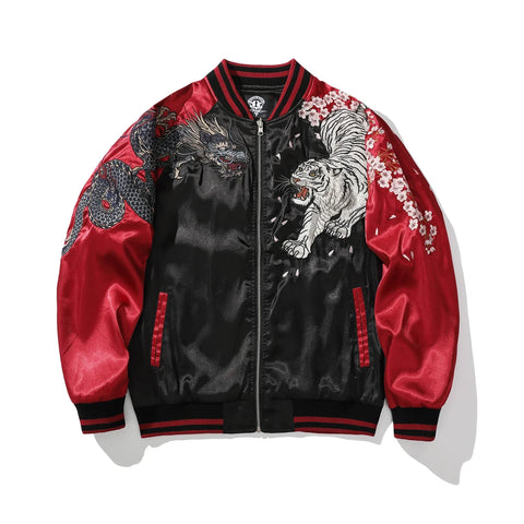 A red and black bomber jacket with embroidered dragon and phoenix designs on the front.