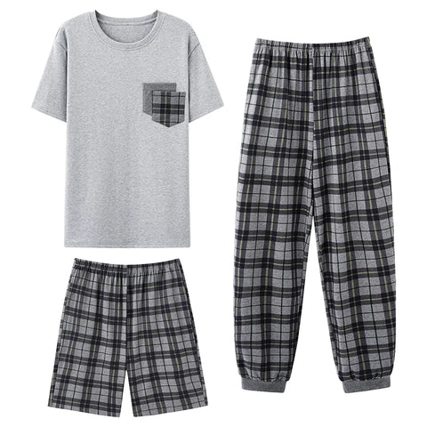 3pc/set Men's Plaid Cotton Pajamas Set