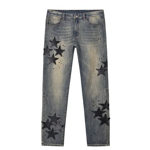 HYOUNTRPE Men's Star Appliques Slim-Fit Jeans