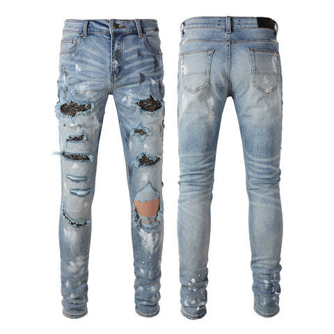 NOUVEAU Jean premium clouté déchiré au couteau pour hommes