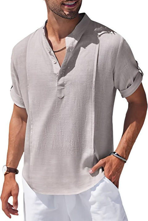 Camisa de playa informal Henley de lino para hombre