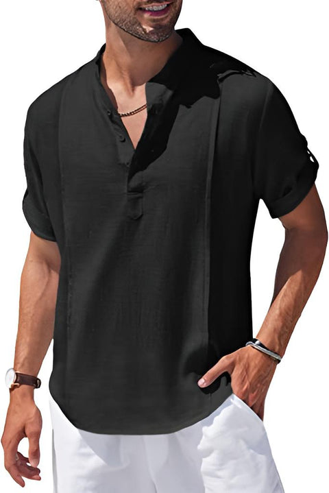 Camisa de playa informal Henley de lino para hombre