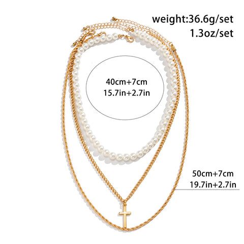 Men's Three-Layer Pearl Cross Necklace