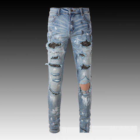 NOUVEAU Jean premium clouté déchiré au couteau pour hommes