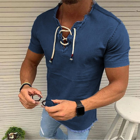 Chemise Henley en denim à lacets et franges pour hommes 