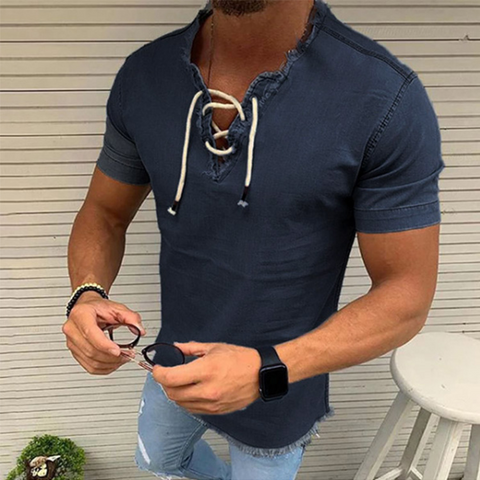 Chemise Henley en denim à lacets et franges pour hommes 