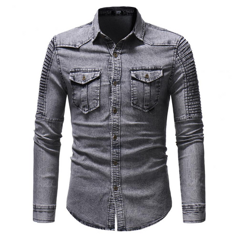 Chemise en jean doublée à manches plissées pour hommes 