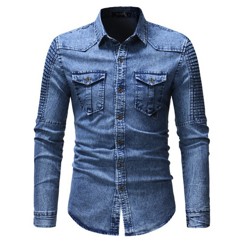 Chemise en jean doublée à manches plissées pour hommes 