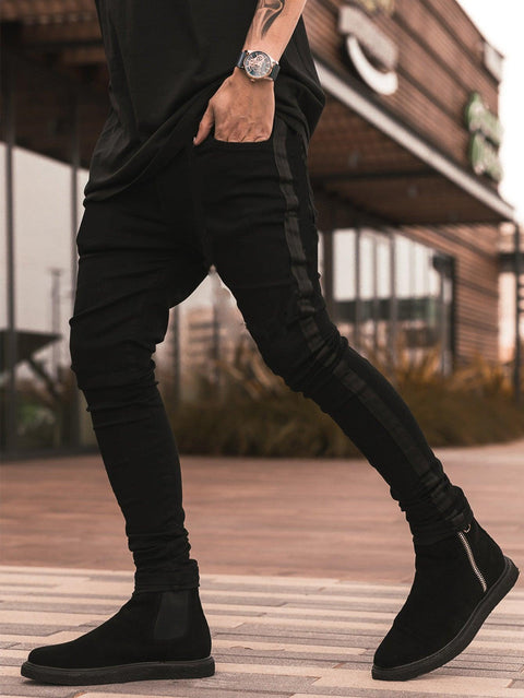 Men Fashion Mid Waist Jet Black Skinny Jeans - Jeans - NouveExpress