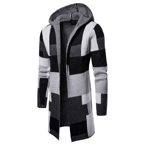 Men's Color Blocking Knitted Hooded Long Coat - Coats - NouveExpress