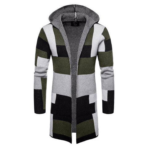 Men's Color Blocking Knitted Hooded Long Coat - Coats - NouveExpress