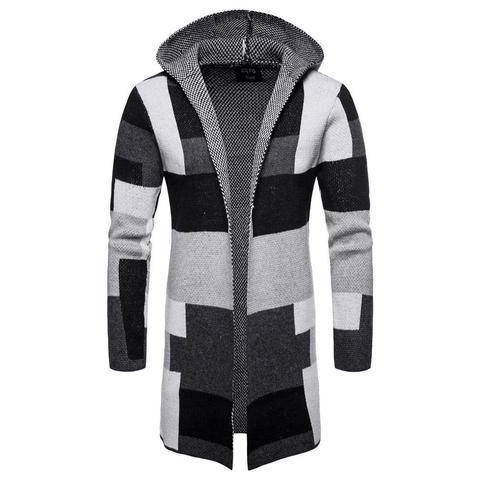 Men's Color Blocking Knitted Hooded Long Coat - Coats - NouveExpress