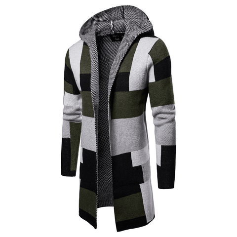 Men's Color Blocking Knitted Hooded Long Coat - Coats - NouveExpress