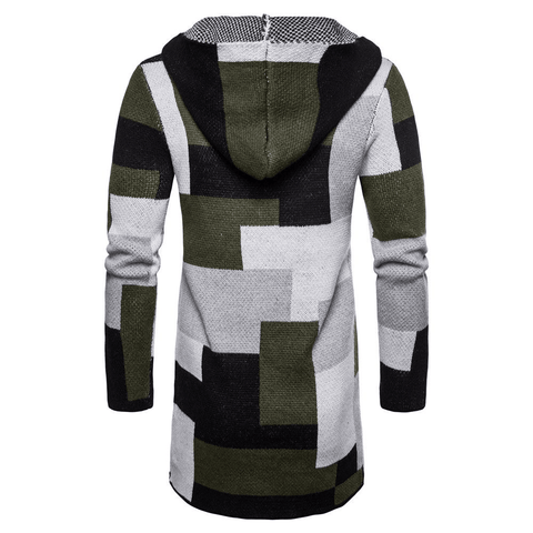 Men's Color Blocking Knitted Hooded Long Coat - Coats - NouveExpress