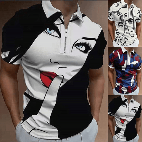Mens Fashion Casual Graphic Print Polo Half Zipper Polo Shirt - Polo Shirts - NouveExpress