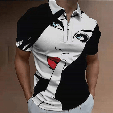 Mens Fashion Casual Graphic Print Polo Half Zipper Polo Shirt - Polo Shirts - NouveExpress