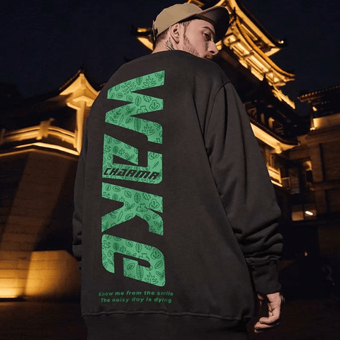 Oversized Crew Neck Wake Print Sweatshirt - Sweatshirt - NouveExpress